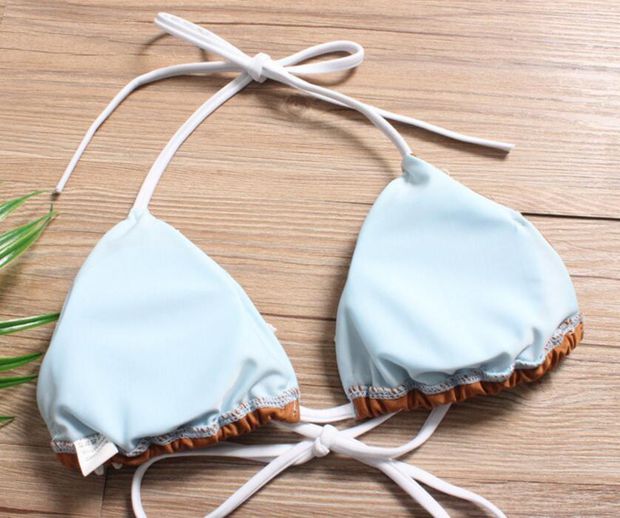 Sexy Beach Women Halter White Lace Flower Bottom Side Knoy Backless Two Piece Bikini Swimwear Bathing