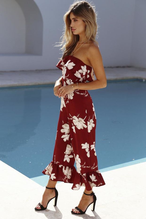 Women Casual Fashion Flower Print Frills Strapless Sleeveless Romper Jumpsuit Trousers