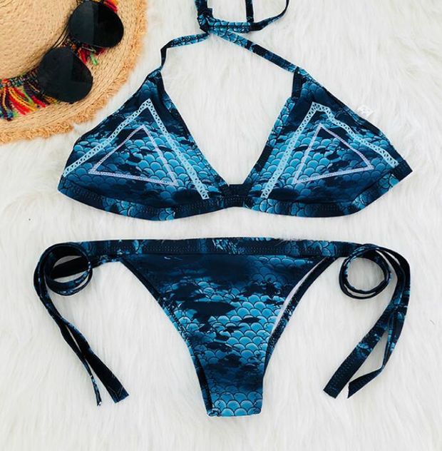 Hot Sale Women Halter Stylish Blue Fish Scales Print Bottom Side Knot Backless Two Piece Bikini Swimwear Swimsuit