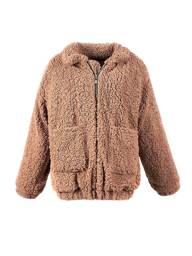 Khaki Lapel Long Sleeve Faux Shearling Coat