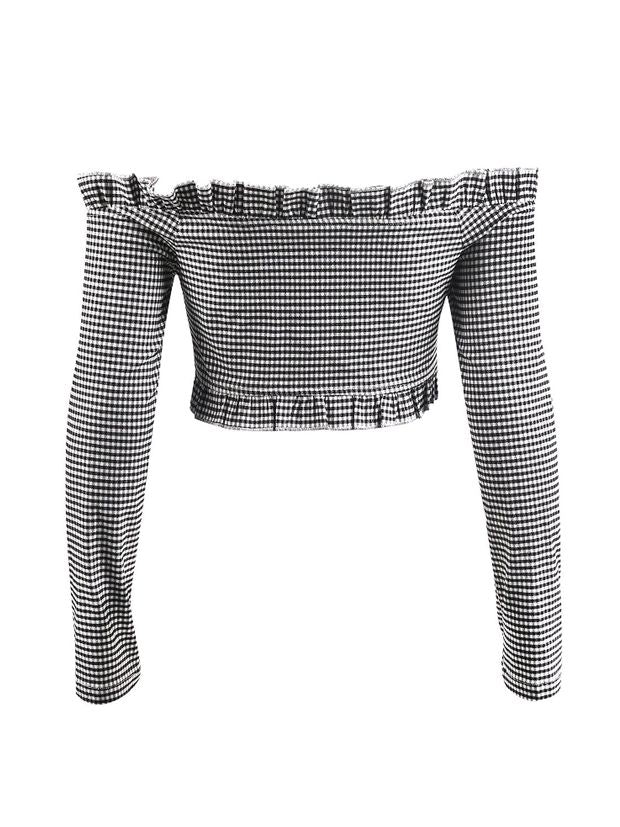 Black Off Shoulder Ruffle Trim Zip Front Long Sleeve Crop Top