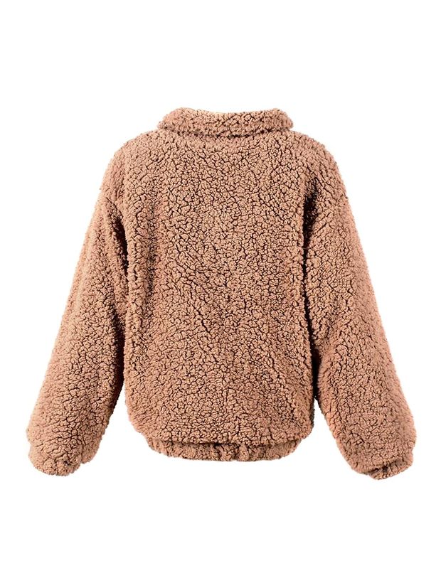 Khaki Lapel Long Sleeve Faux Shearling Coat