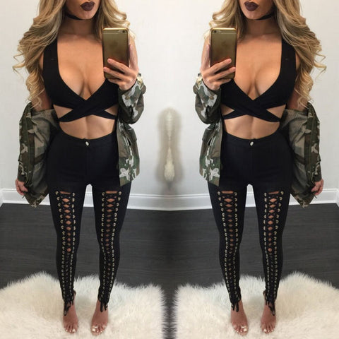 Casual Elastic Hole Denim Pants