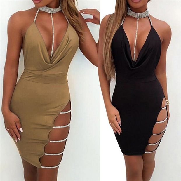 New Deep V Neck Halter Sequin Sexy Club Bodycon Dress Summer Women Backless Hollow Out Party Wear Short Dress