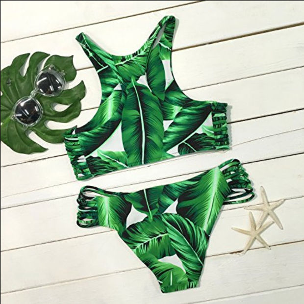 Green Leaf Print Halter Beach Bikini Set Swimsuit Swimwear