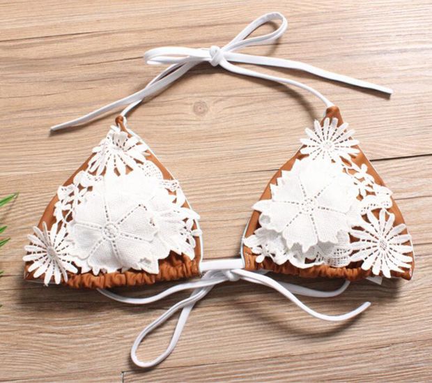 Sexy Beach Women Halter White Lace Flower Bottom Side Knoy Backless Two Piece Bikini Swimwear Bathing