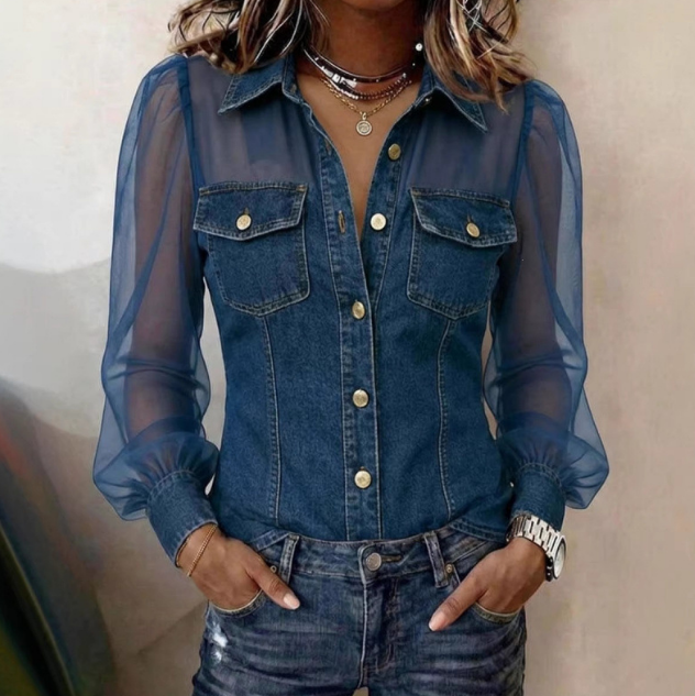 Temperament V-Neck Lace Mesh Splicing Long Sleeved Top