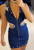 V-Neck Blue Denim Nail Bead Vest Sleeveless Dress