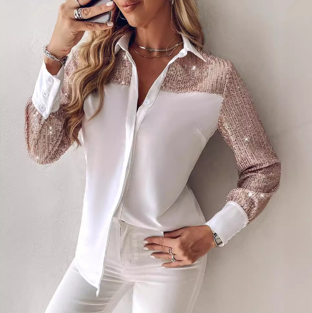 Women'S Sequin Patchwork Casual Long Sleeved Shirt