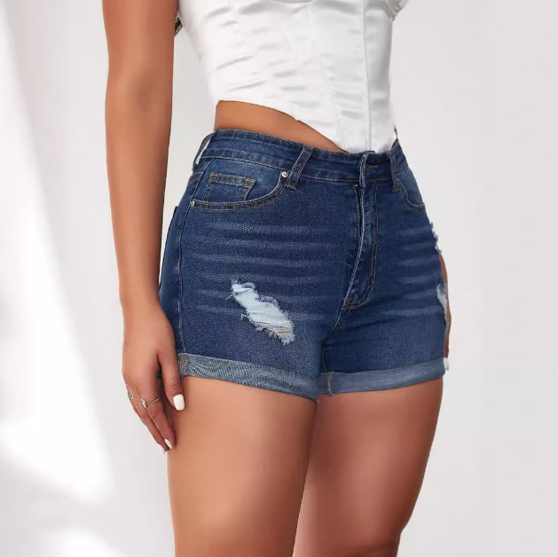 High Waisted Elastic Denim Shorts