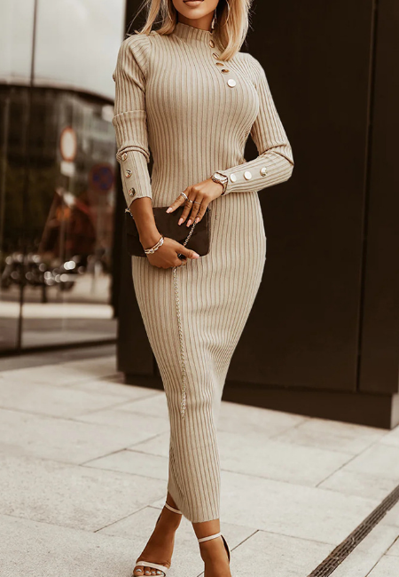 Women'S Button Ribbed Long Sleeved Dress