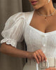 Solid Color White Bubble Sleeve Tight Fitting Lace Hollow Pattern Top