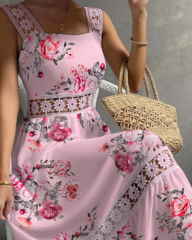 Lace Splicing Printing Sleeveless Dress