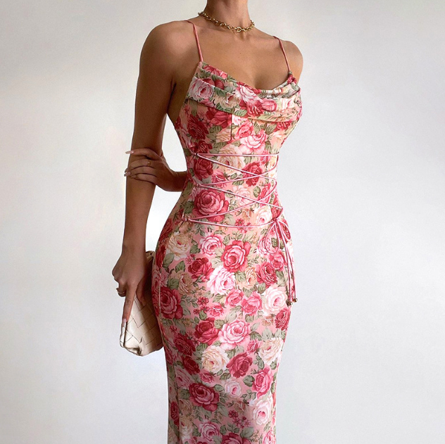 Temperament Sling Print Women High Waisted Dress