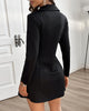 Long Sleeved Button Zippered Black Dress