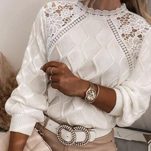 Round Neck Lace Temperament Slim Knit Sweater