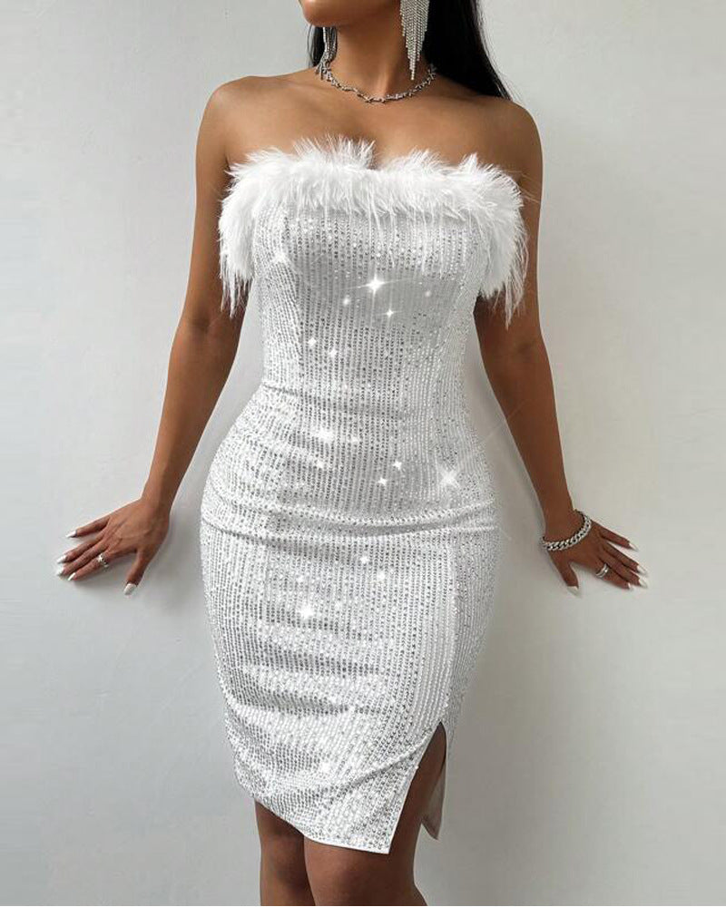Slim White Spliced Sequin Off Shoulder Dress