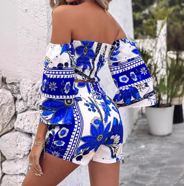 Casual Blue Retro Print Two Piece Set