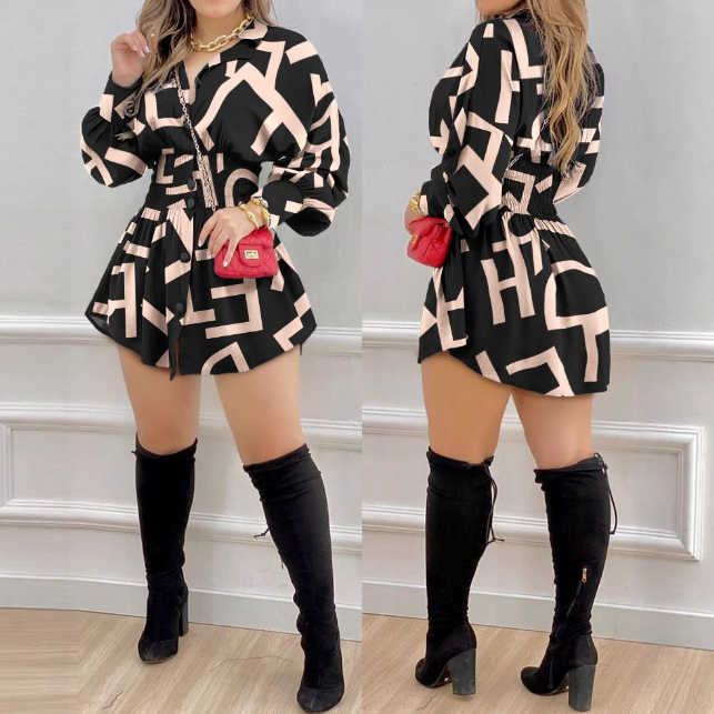 Temperament Letter Print Long Sleeve Dress