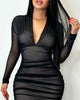 Solid Color V-Neck Mesh Long Sleeved Dress