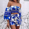 Casual Blue Retro Print Two Piece Set