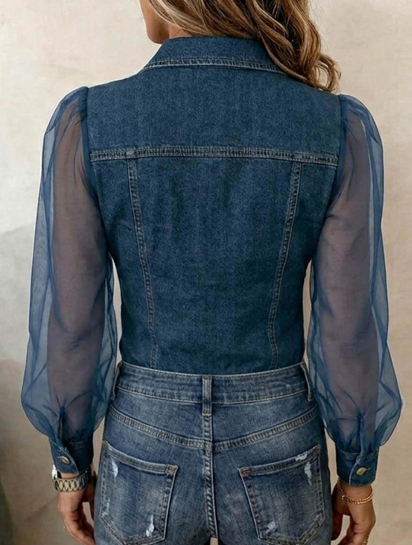 Temperament V-Neck Lace Mesh Splicing Long Sleeved Top