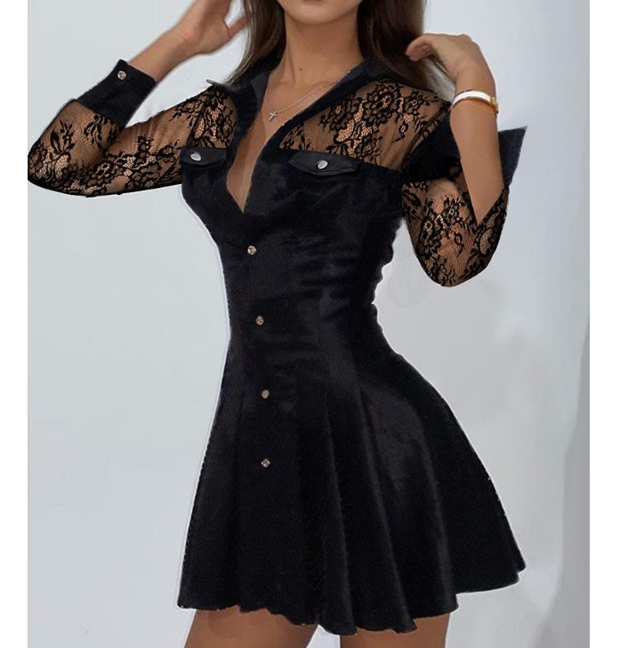 Fashion Sexy Black Lace Panel Long Sleeve Dress
