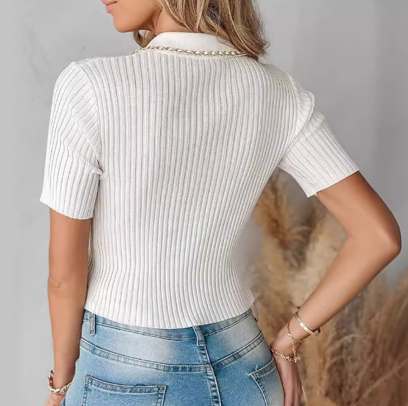 White Chain Zipper Knitted Short Sleeved Top