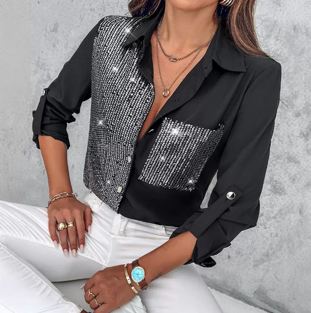 Women'S Beaded Patchwork Long Sleeved Shirt