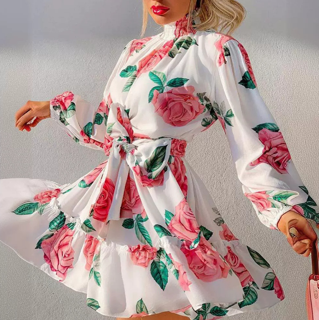 Elegant Women'S Rose Printed Ruffled Dress