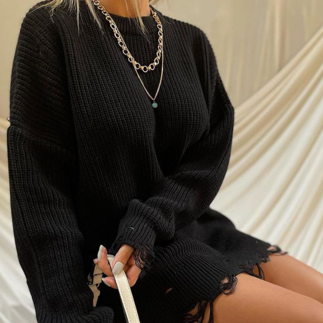 Loose Solid Color Perforated Long Sleeved Knitted Sweater