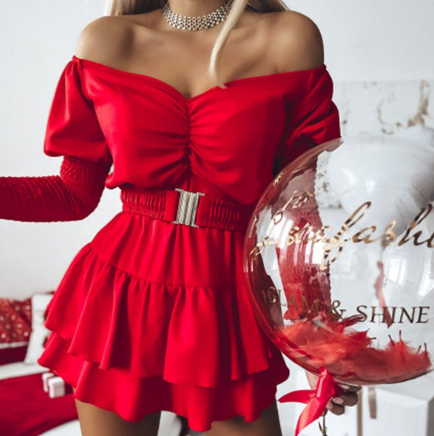 Women'S Red One Shoulder Bubble Sleeved Long Sleeved Dress