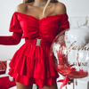 Women'S Red One Shoulder Bubble Sleeved Long Sleeved Dress