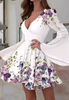 White Women'S Printed Deep V-Neck Long Sleeve Dress