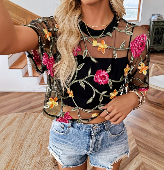 Fashion Printed Lace Splicing Casual Short Sleeved Flower T-Shirt