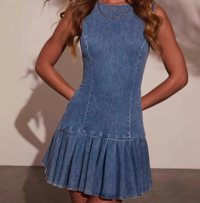 Retro Style Blue Round Neck Sleeveless Denim Vest Dress