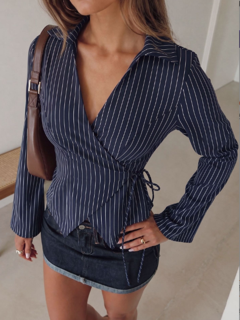 V-Neck Striped Sleeve Long Sleeved Shirt