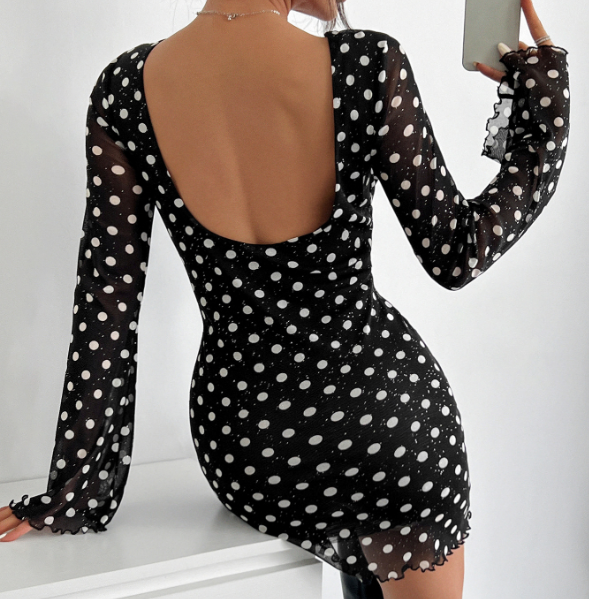 Elegant Printed Round Neck Backless Long Sleeved Dress