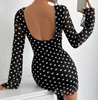 Elegant Printed Round Neck Backless Long Sleeved Dress