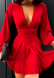 Red Solid Color Deep V-Neck Long Sleeved Dress