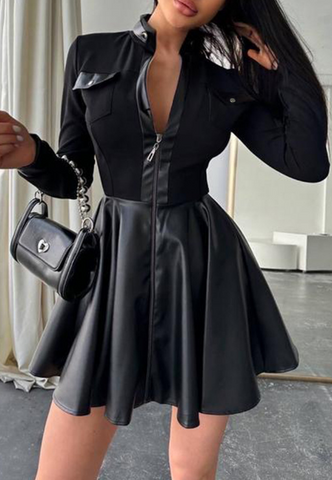 Solid Leather Long-Sleeved Dress