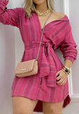 Fashion Women'S Red Striped Long Sleeved Casual Dress