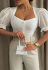 Solid Color White Bubble Sleeve Tight Fitting Lace Hollow Pattern Top