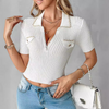 White Chain Zipper Knitted Short Sleeved Top