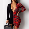 V-Neck Long Sleeved Women'S Plaid Patchwork Dress