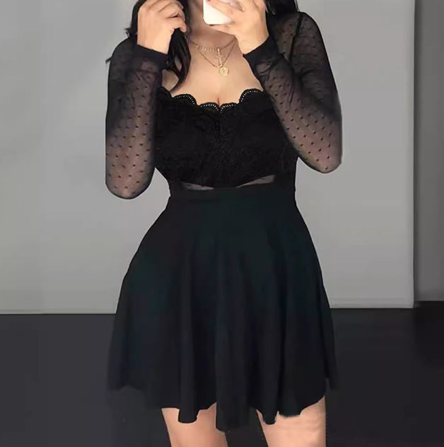 Women'S Black Lace Long Sleeve Dress