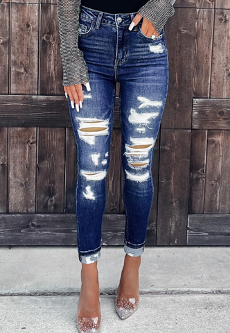 Blue Printed Letters Ripped Jeans