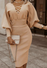 Solid Color V-Neck High Waist Long Sleeve Dress