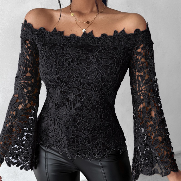 Solid Color Women'S High Waisted Long Sleeve Lace Top