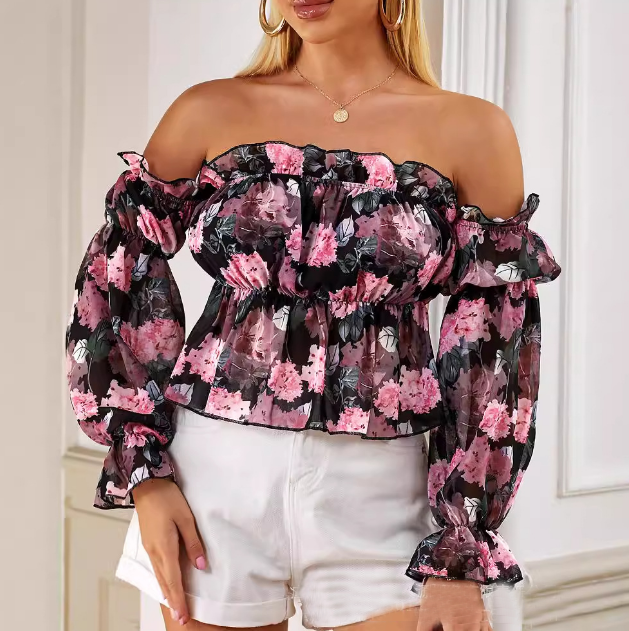 Long Sleeved Floral Print Off Shoulder Ruffle Edge Shirt